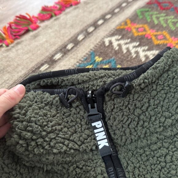 PINK Victoria's Secret Sherpa Pullover 3/4 Zip Jacket L EUC Forest Green - Picture 5 of 7
